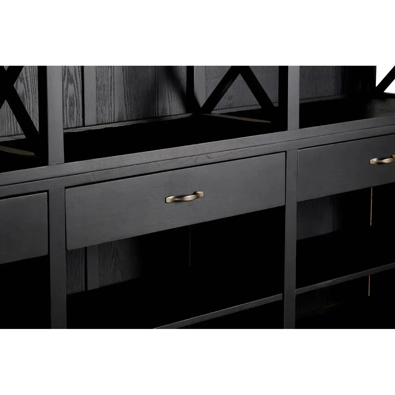 Black wood sideboard with brass drawer handles and open shelving detail