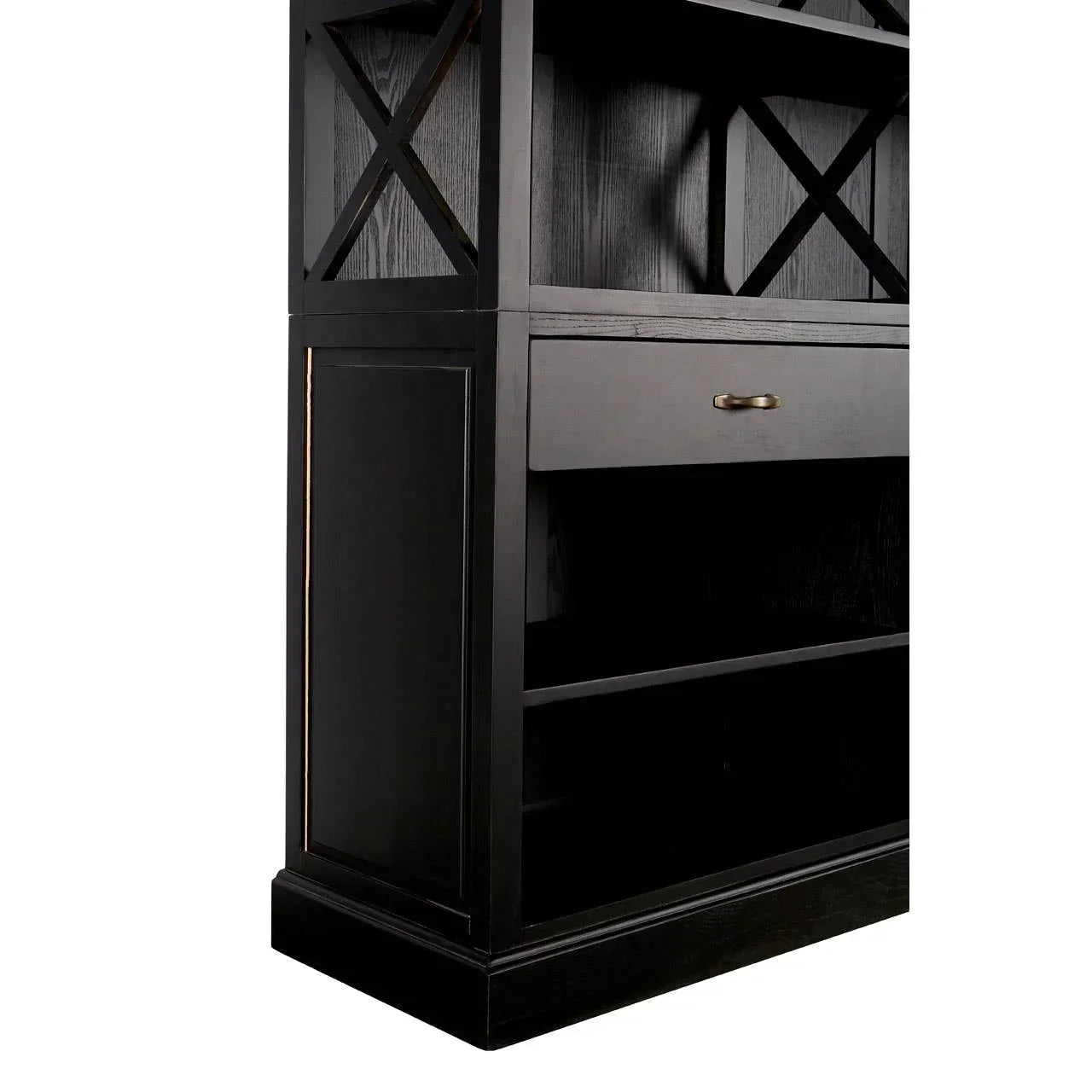 Black wood bookcase with open shelving, cross detail, and drawer with brass handle