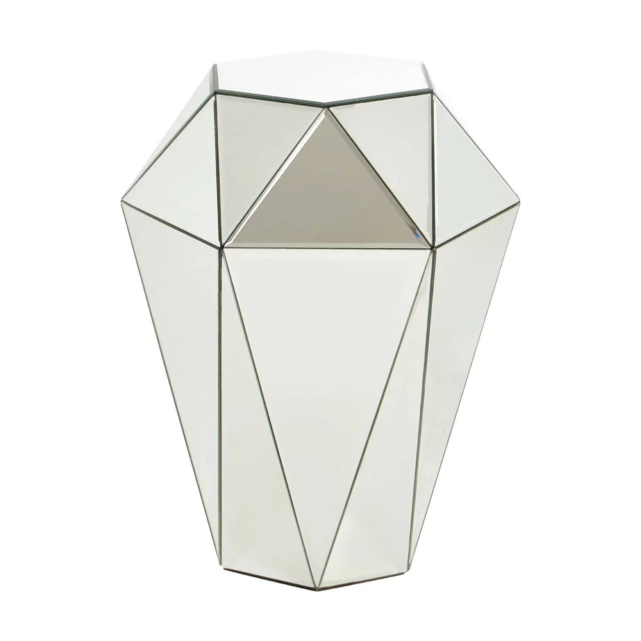 Geometric mirrored side table with faceted panels and reflective surface