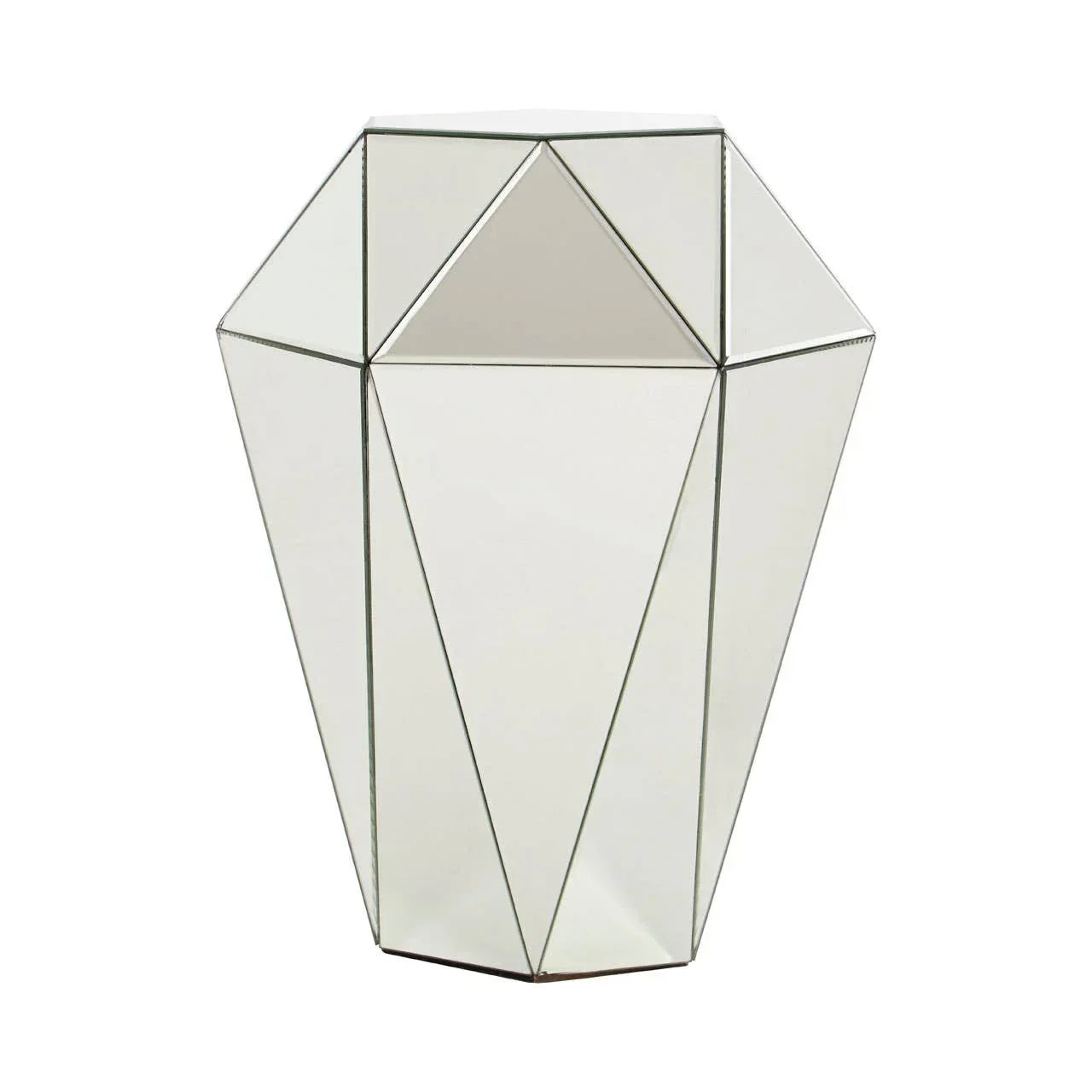 Geometric mirrored side table with faceted edges and reflective glass panels