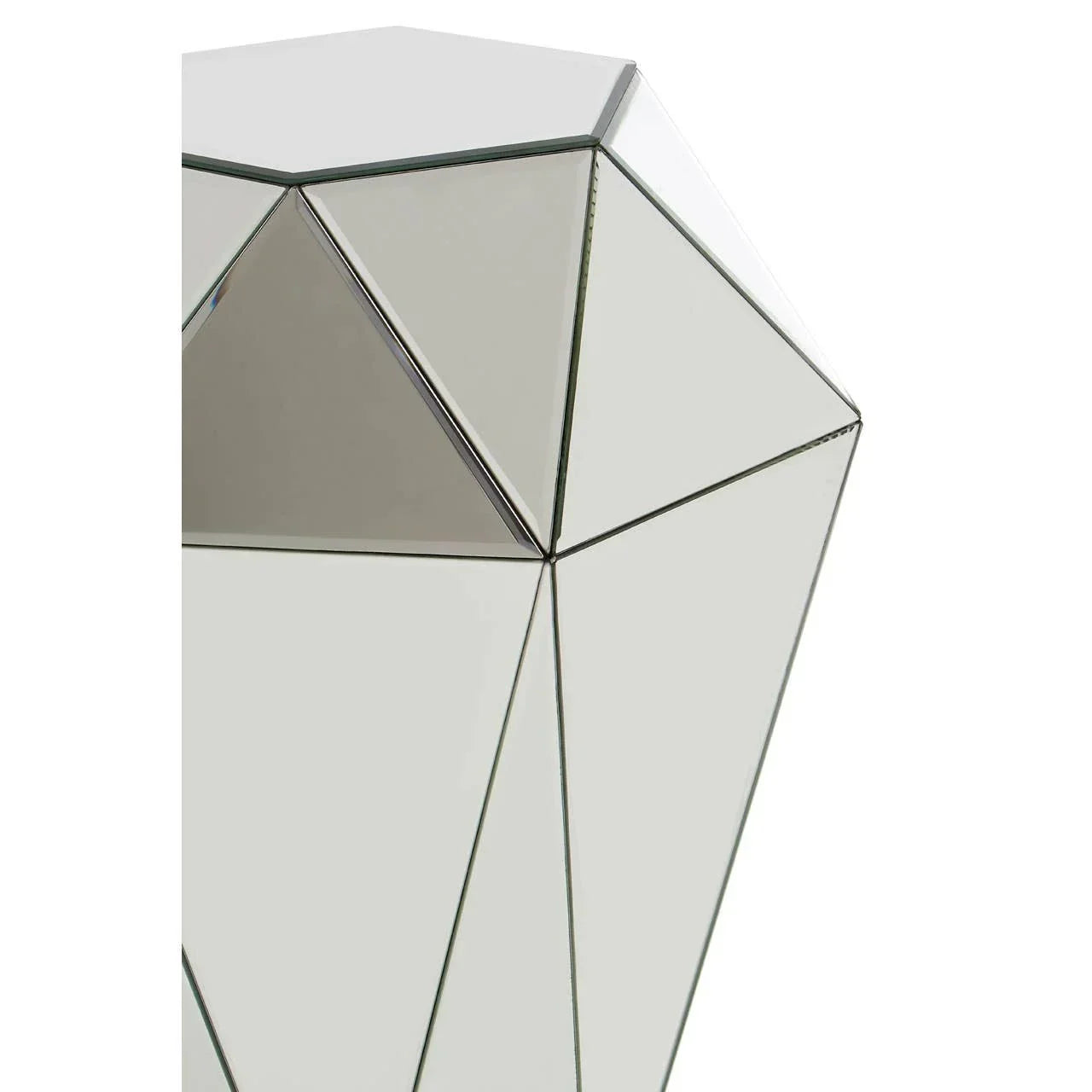 Geometric mirrored side table with faceted glass panels, partial corner view