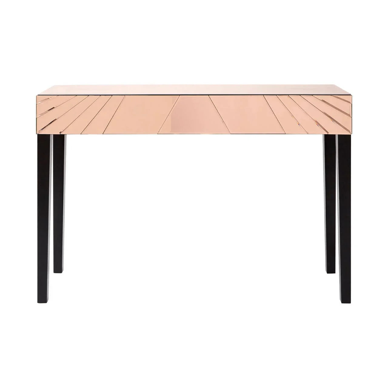 Contemporary console table with rose gold mirrored finish and black legs, front view