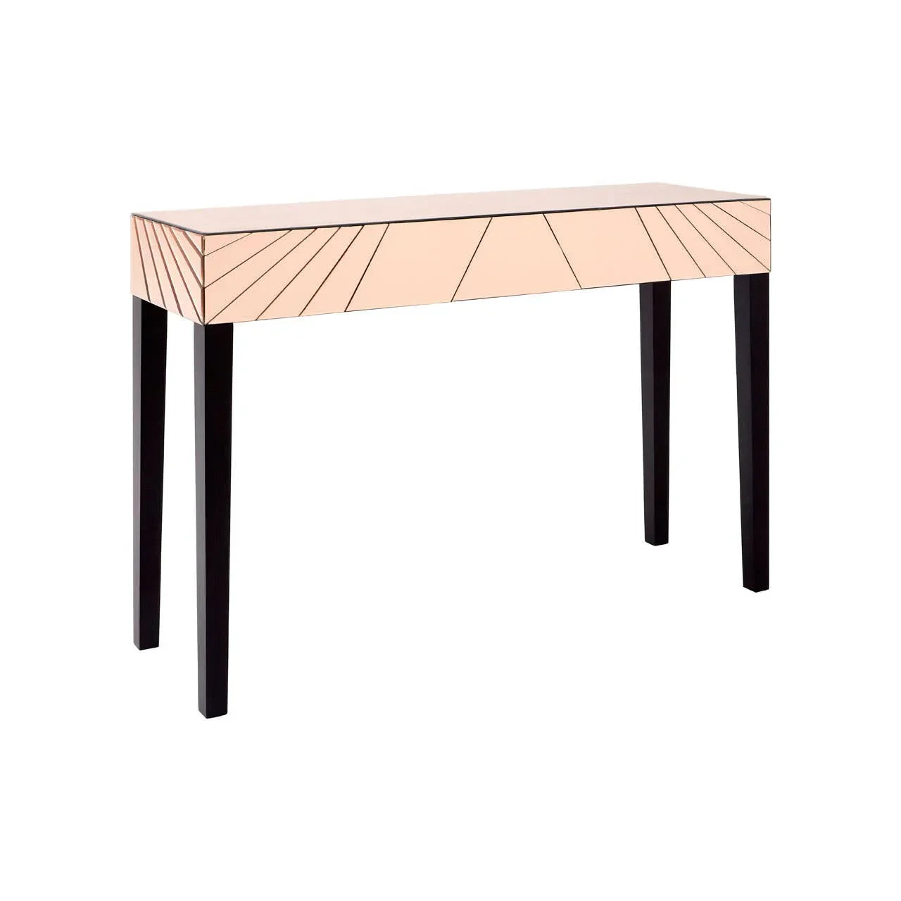 Art deco console table with black legs and mirrored geometric design on the front panel