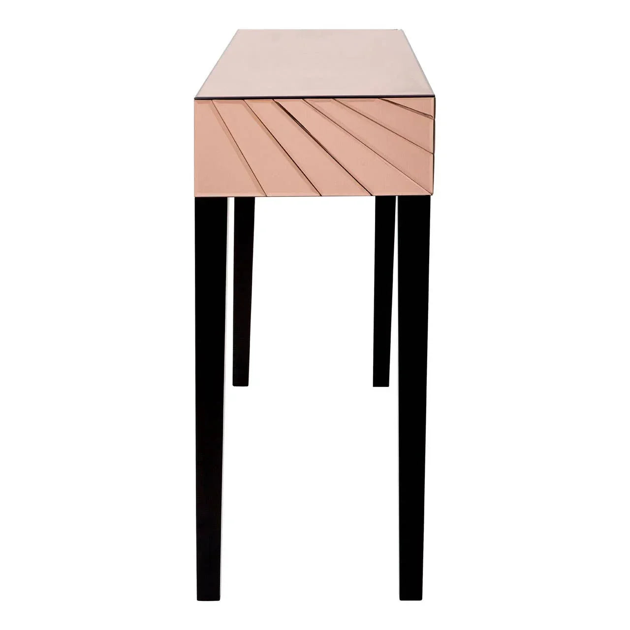Contemporary console table with blush pink sunburst drawer front and slim black legs, side view