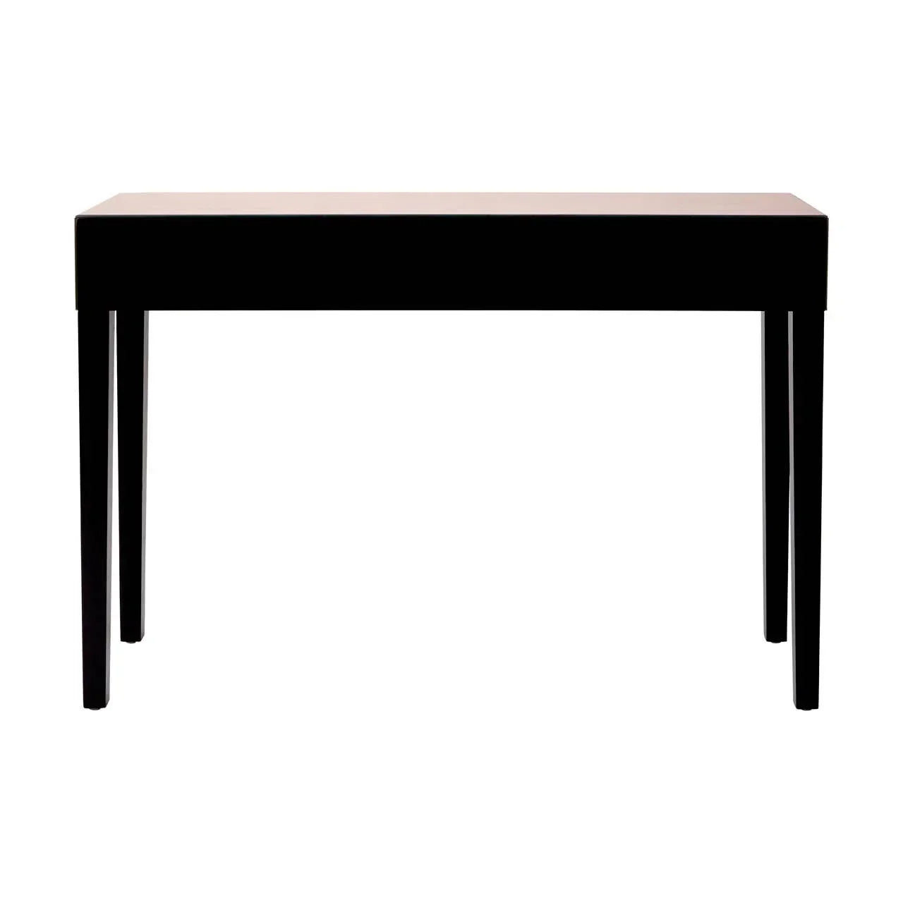 Rectangular dining table with black legs and light wood tabletop, front view