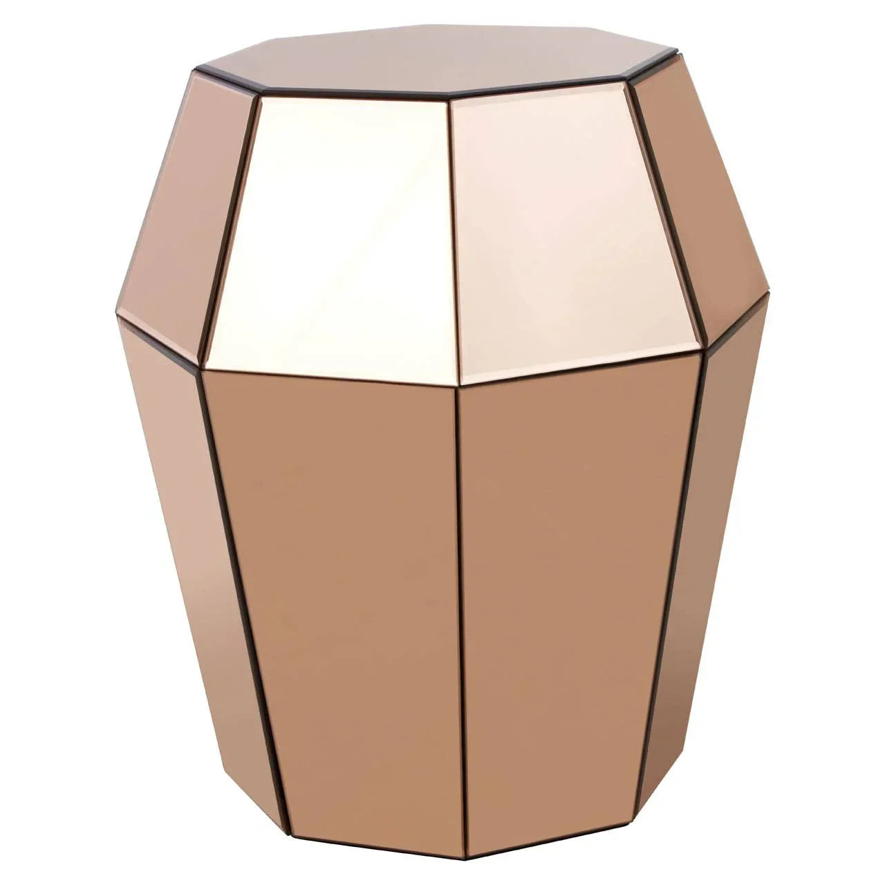 Geometric mirrored side table with rose gold glass panels and faceted design