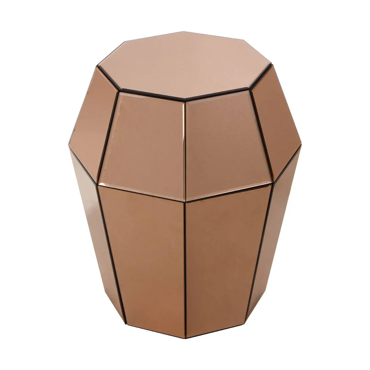 Geometric bronze mirrored side table with angular facets, front view