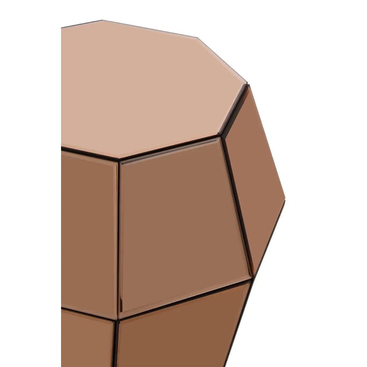 Geometric bronze mirrored side table with faceted panels, close view of the edge