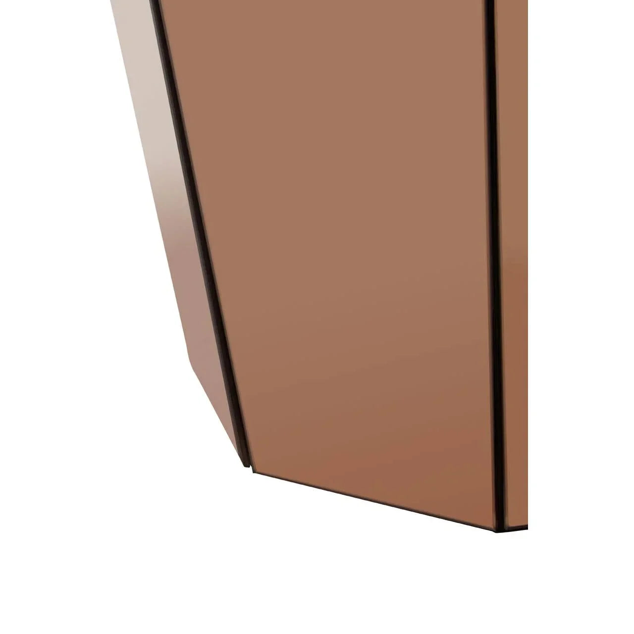 Closeup of copper mirrored furniture corner with sleek panel design