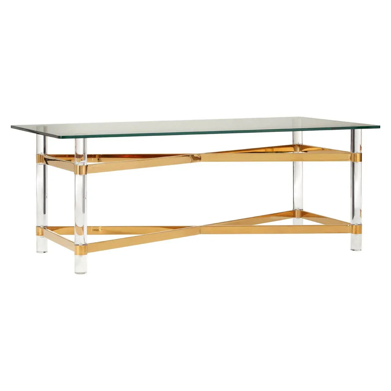 Glass coffee table with gold and acrylic frame, rectangular shape, modern living room furniture