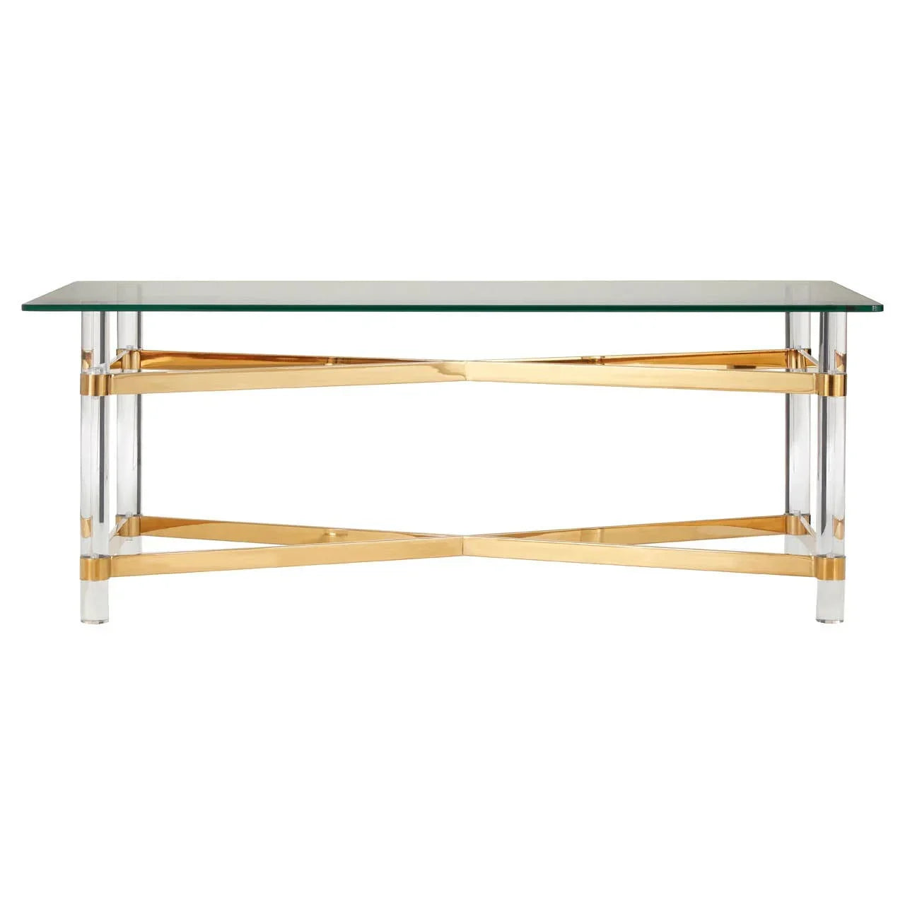 Glass coffee table with gold metal frame and clear acrylic legs, front view