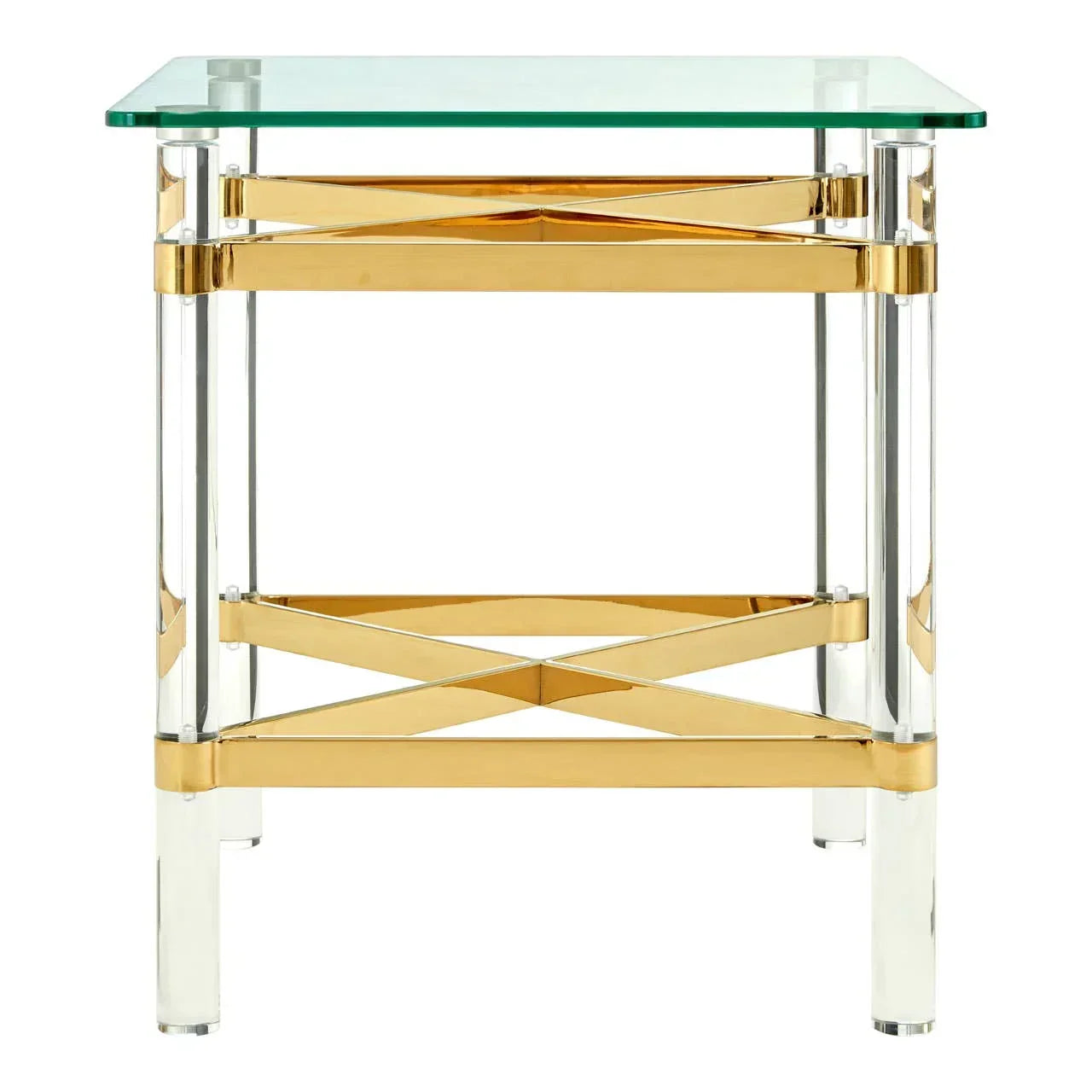 Glass top side table with gold metal frame and clear acrylic legs, front view