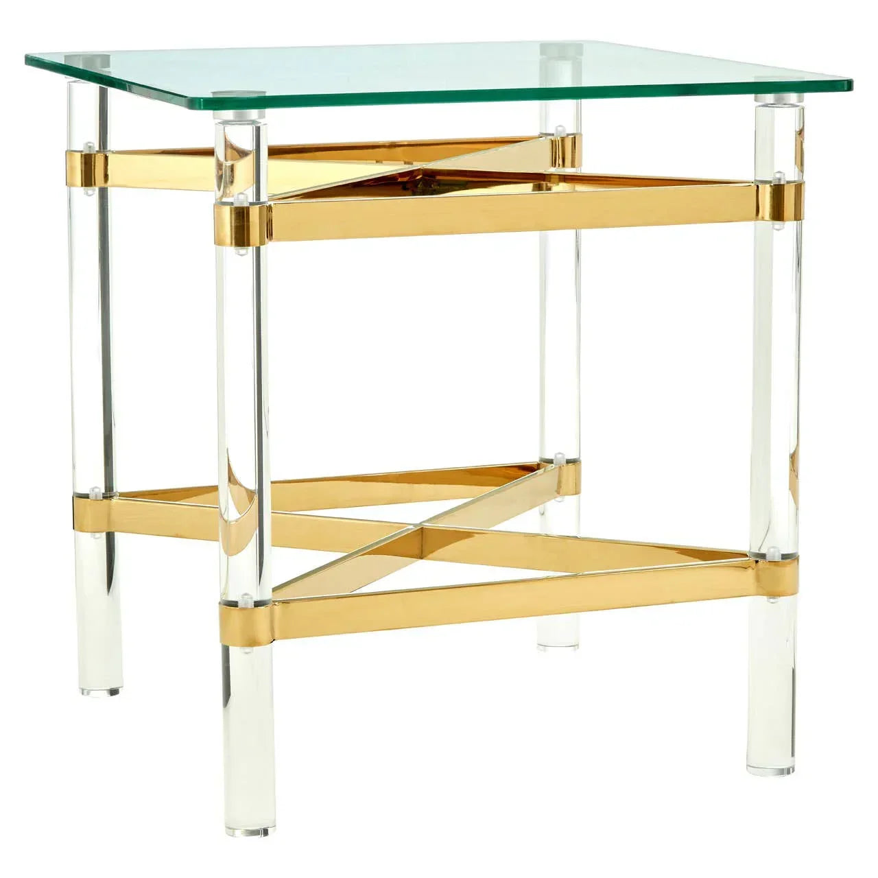 Glass top side table with gold metal frame and clear acrylic legs