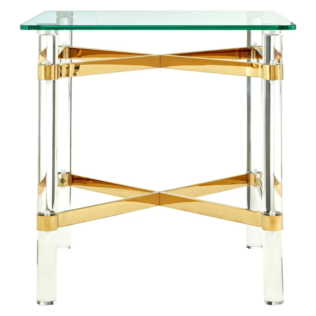 Glass side table with clear acrylic legs and gold metal cross frame detail