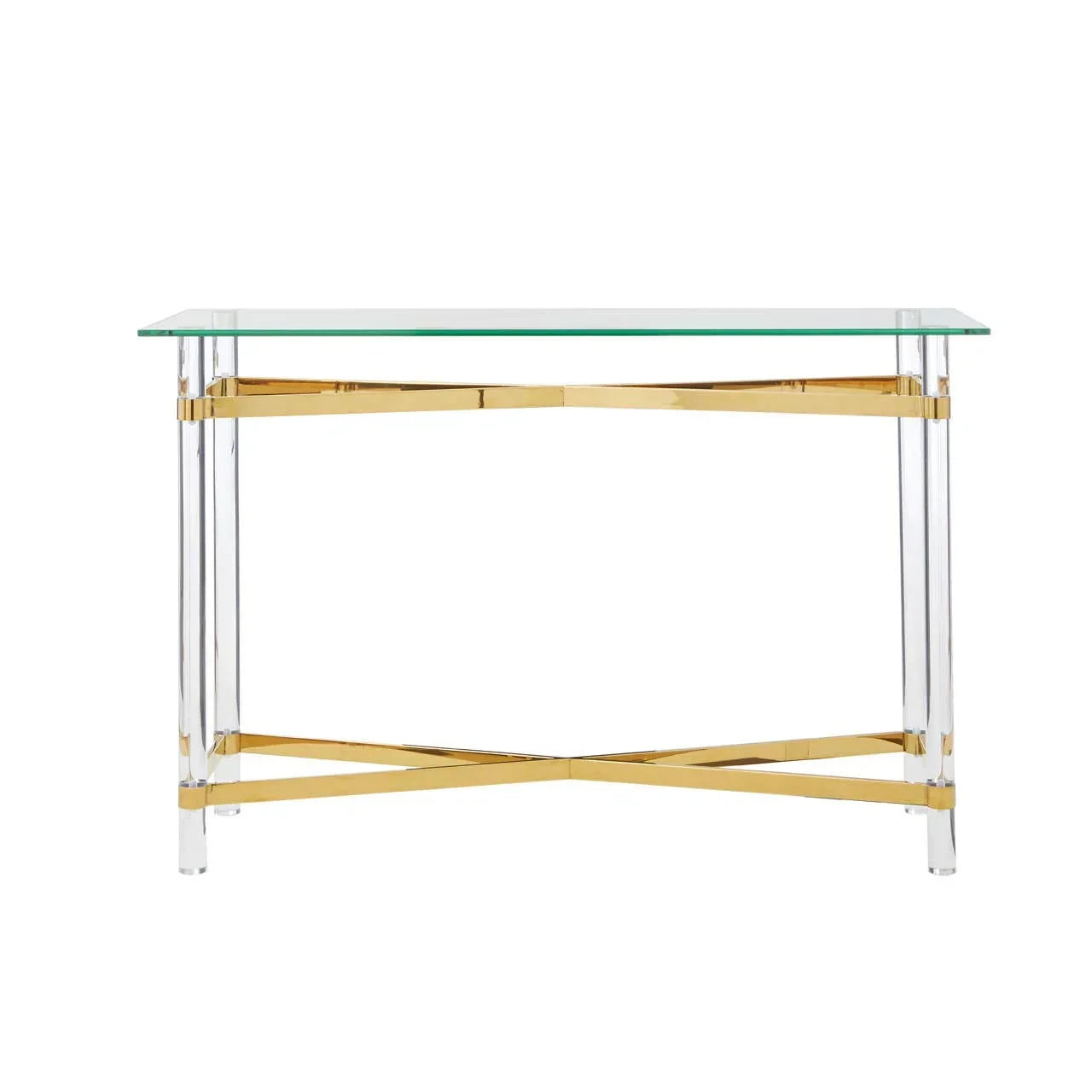 Glass console table with gold metal cross frame and clear acrylic legs
