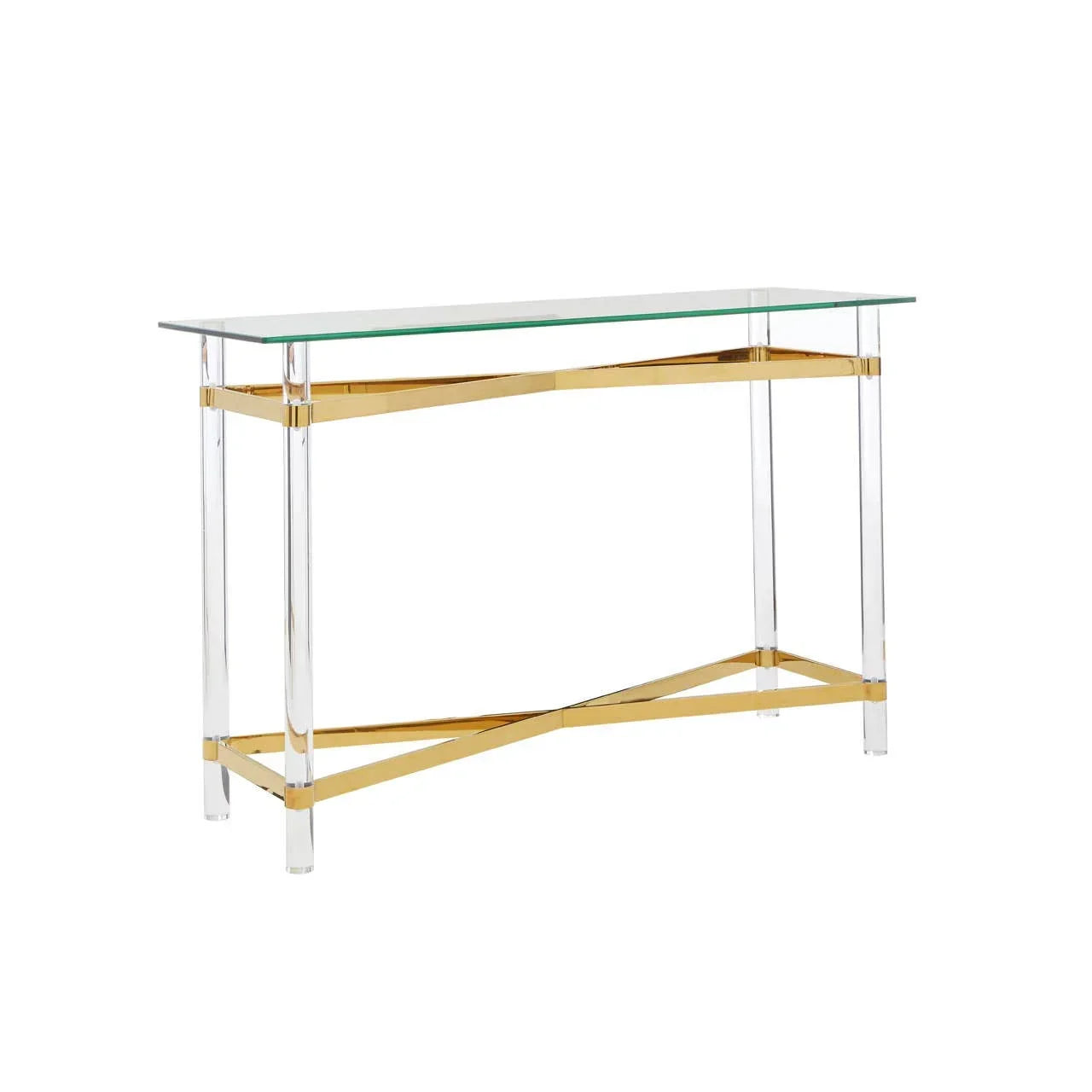 Glass console table with gold metal frame and clear acrylic legs, side angle view