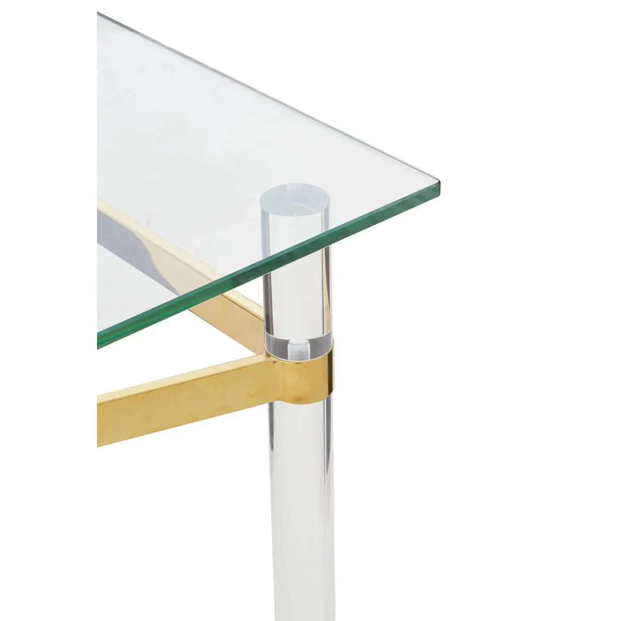 Glass table corner with gold frame and clear acrylic leg