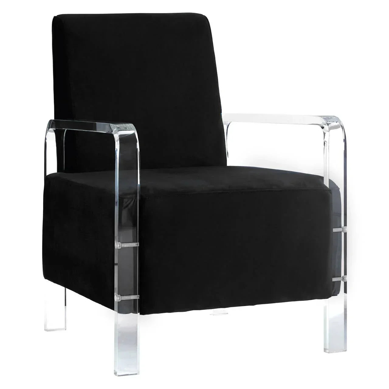 Black accent chair with acrylic arms and legs, modern velvet upholstered seat
