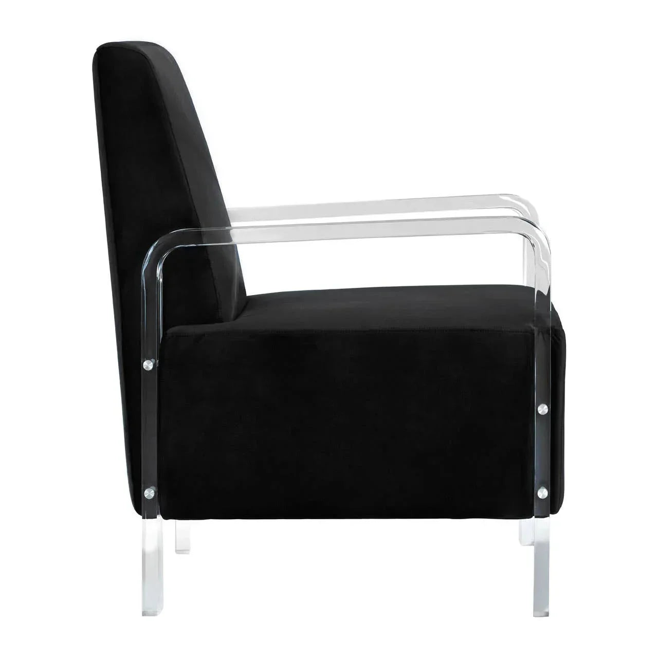 Black accent chair with clear acrylic arms and legs, side profile view