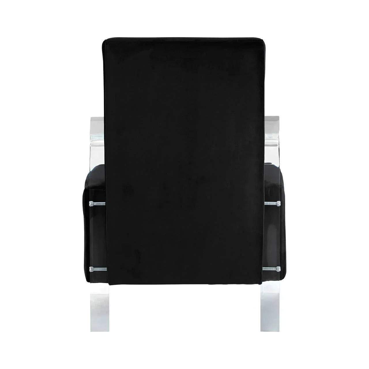 Rear view of black velvet armchair with clear acrylic legs