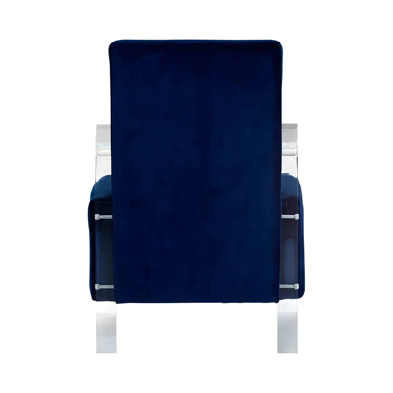 Rear view of blue velvet accent chair with clear acrylic arms
