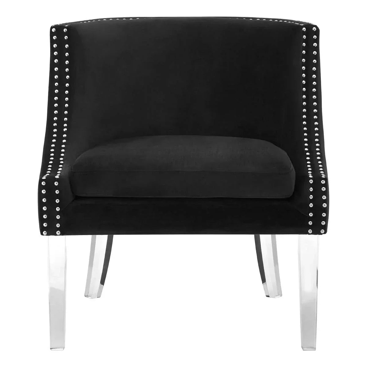 Black velvet accent chair with silver stud trim and clear acrylic legs, front view