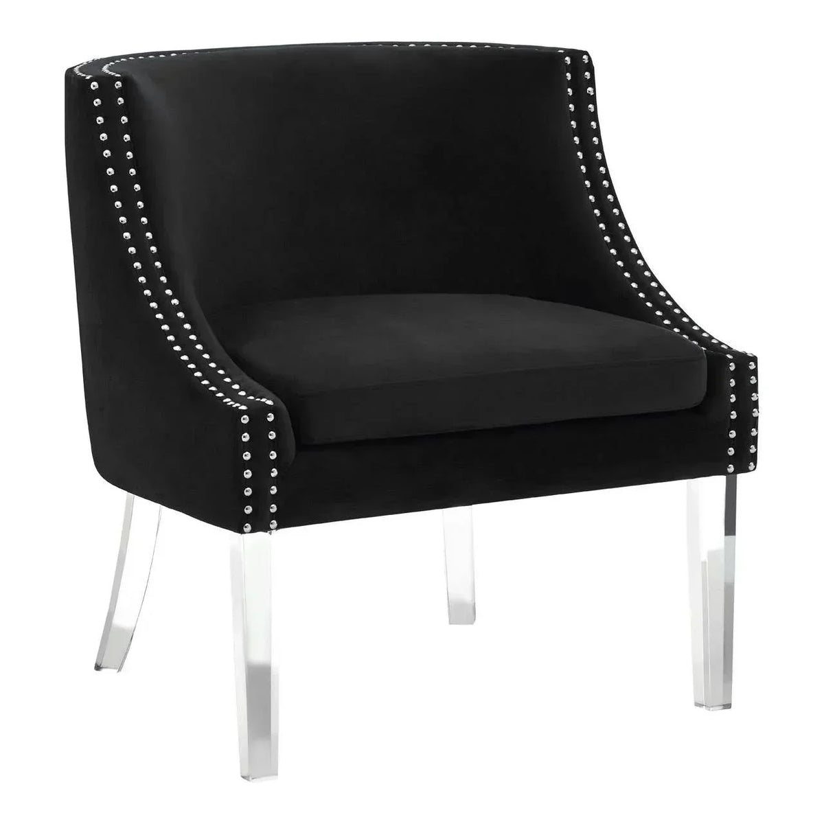 Black velvet accent chair with silver stud detailing and clear acrylic legs