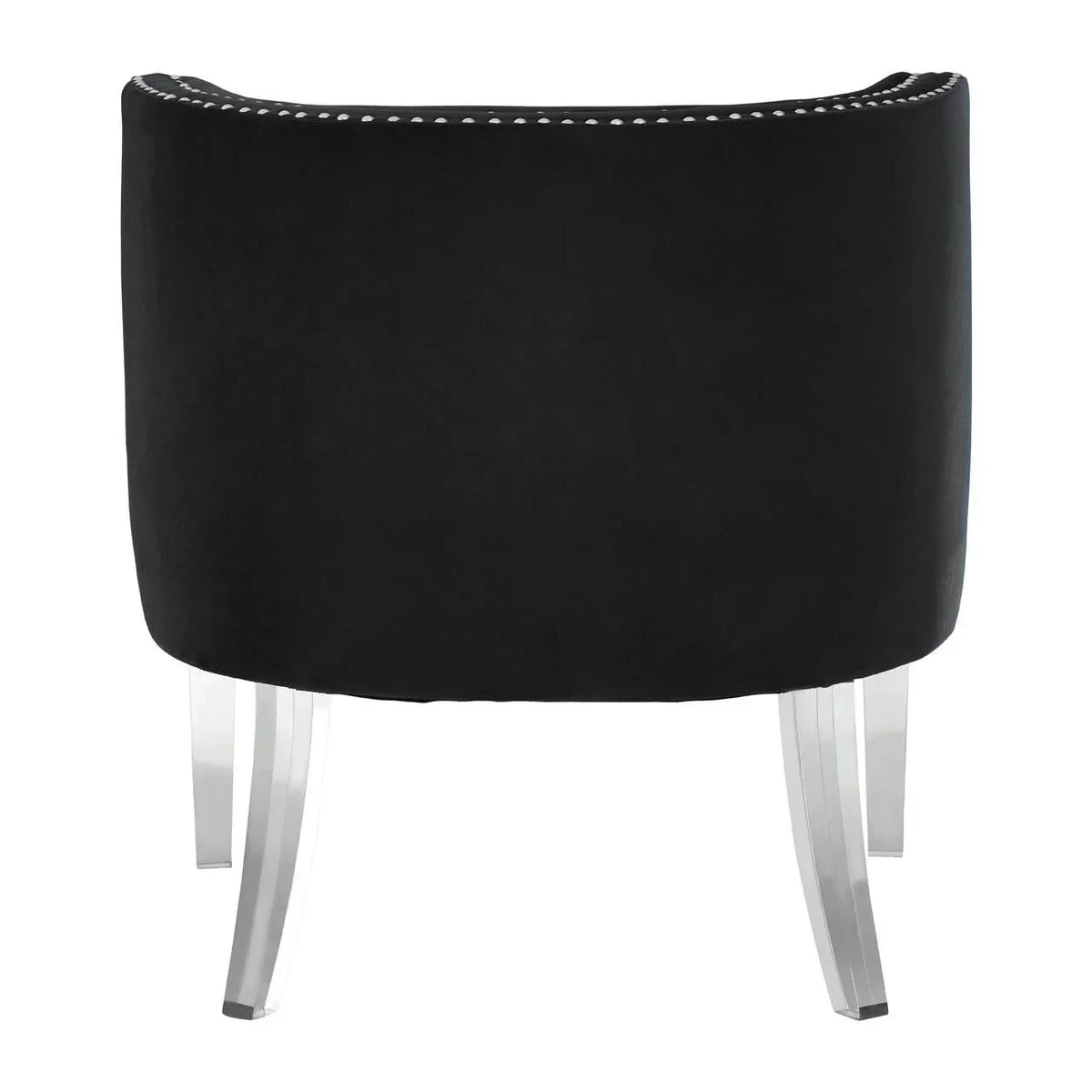 Back view of black velvet accent chair with silver stud trim and clear acrylic legs
