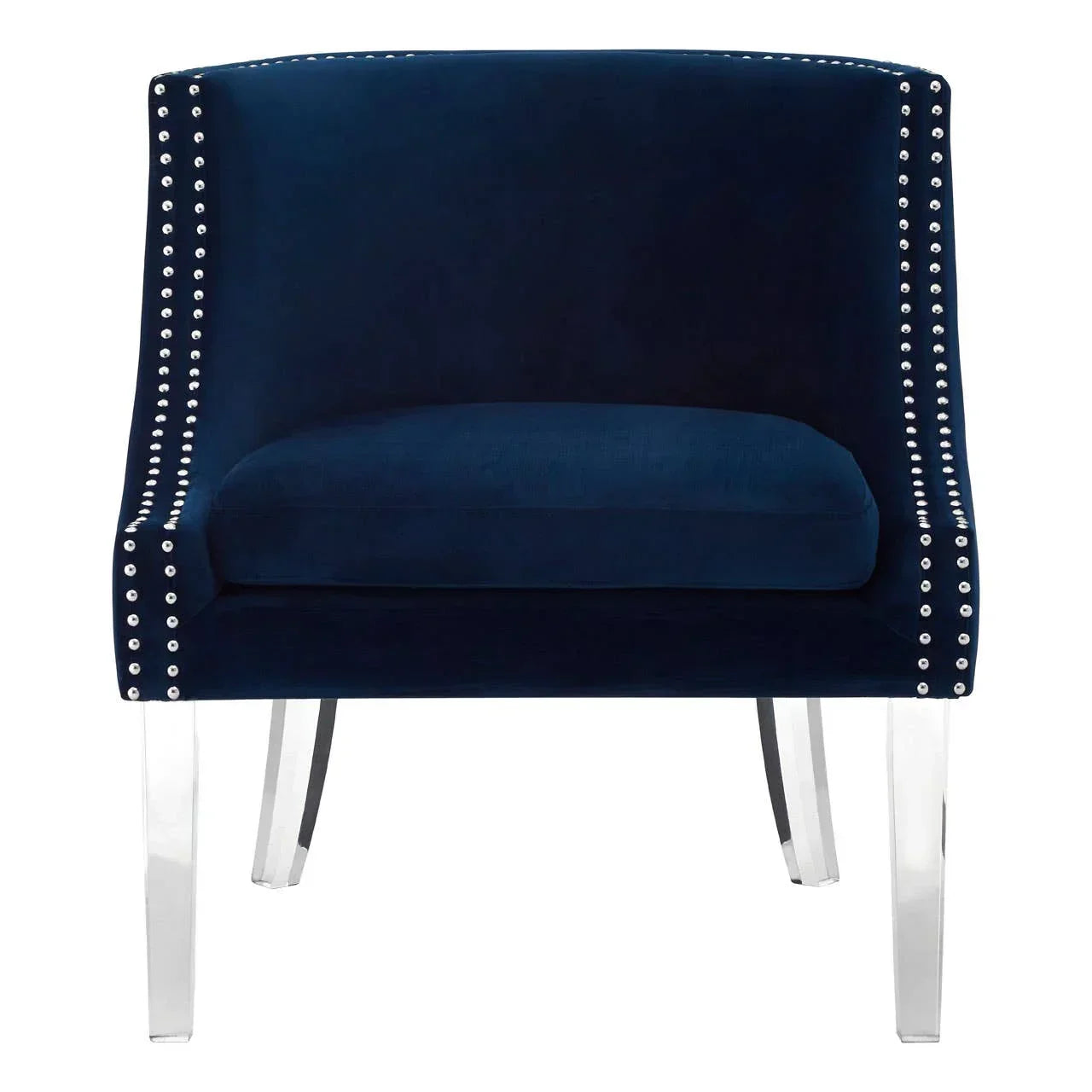 Blue velvet accent chair with silver nailhead trim and clear acrylic legs front view