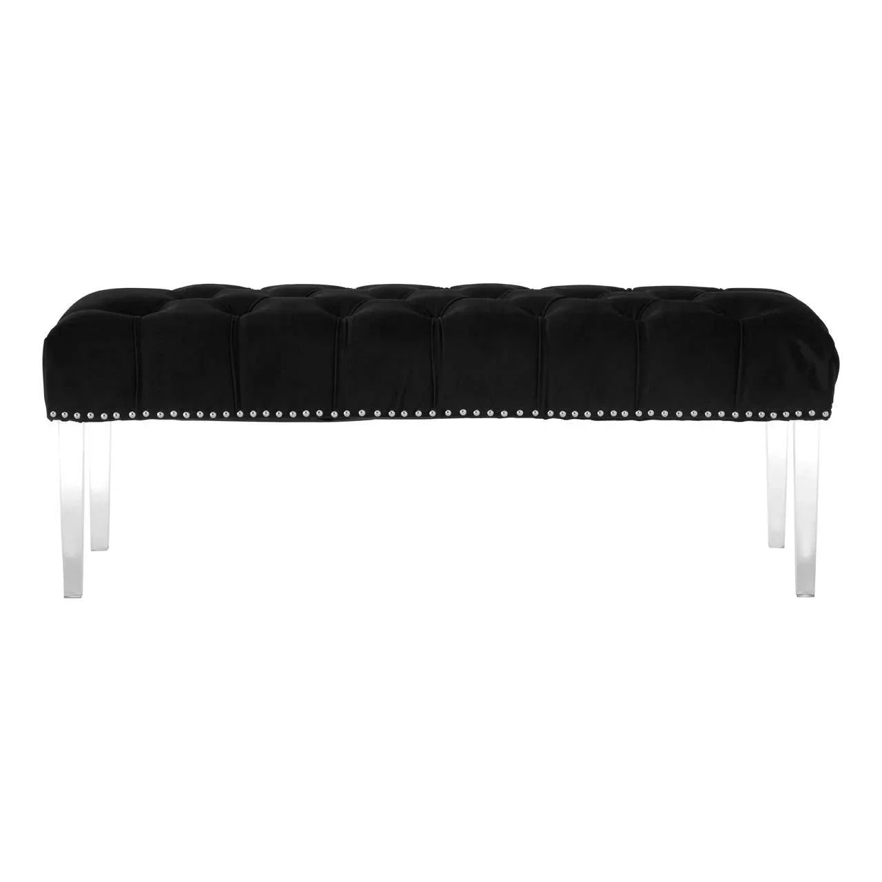 Black velvet bench with tufted seat, chrome legs and studded trim, front view
