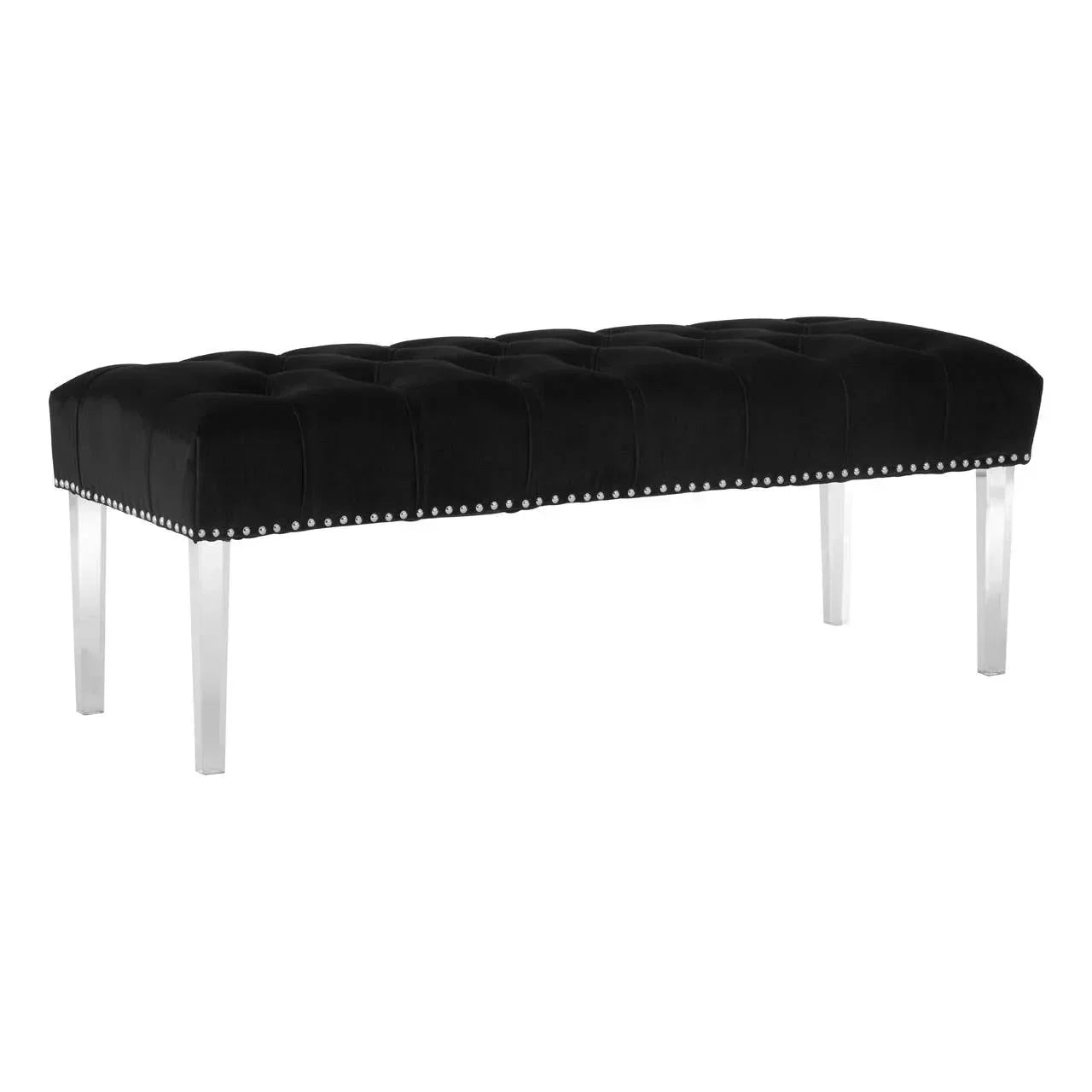 Black velvet upholstered bench with clear acrylic legs and button tufted seat
