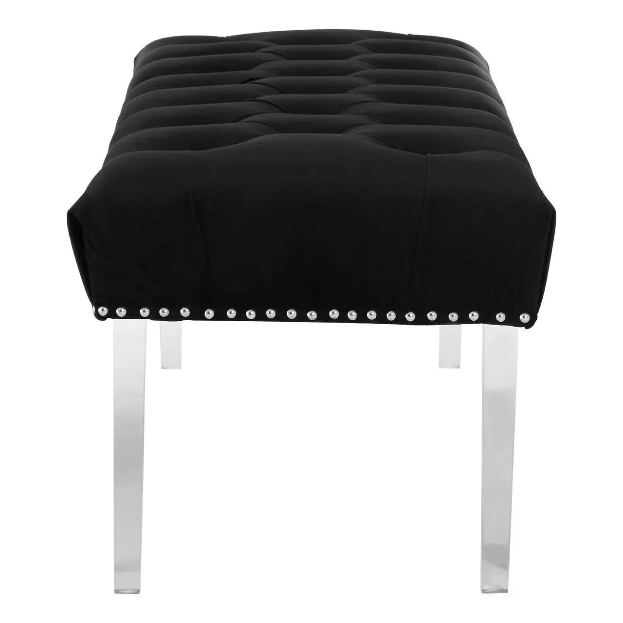 Black velvet bench with tufted seat, silver stud accents and chrome legs, front view