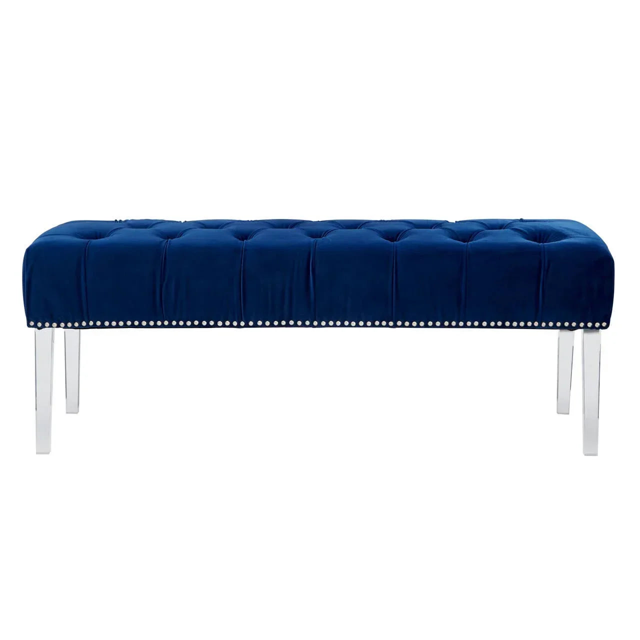 Blue velvet tufted bench with silver nailhead trim and clear acrylic legs, front view