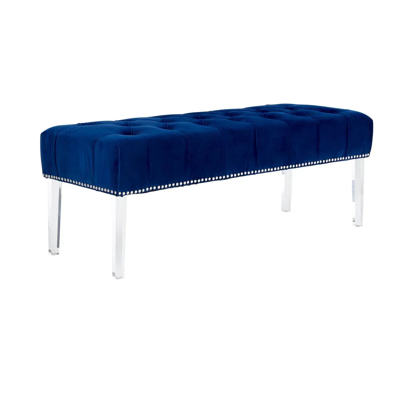 Blue velvet bench with tufted seat, silver stud trim, and clear acrylic legs