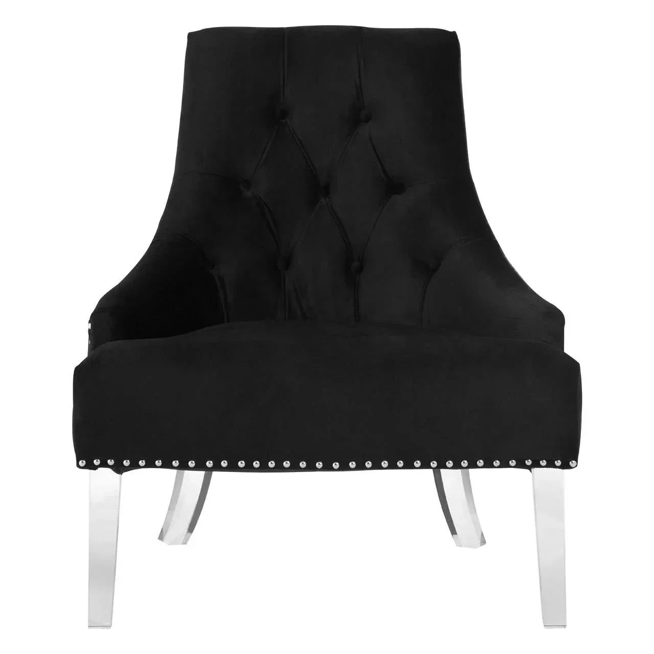 Black velvet accent chair with diamond tufted back and chrome legs, front facing view
