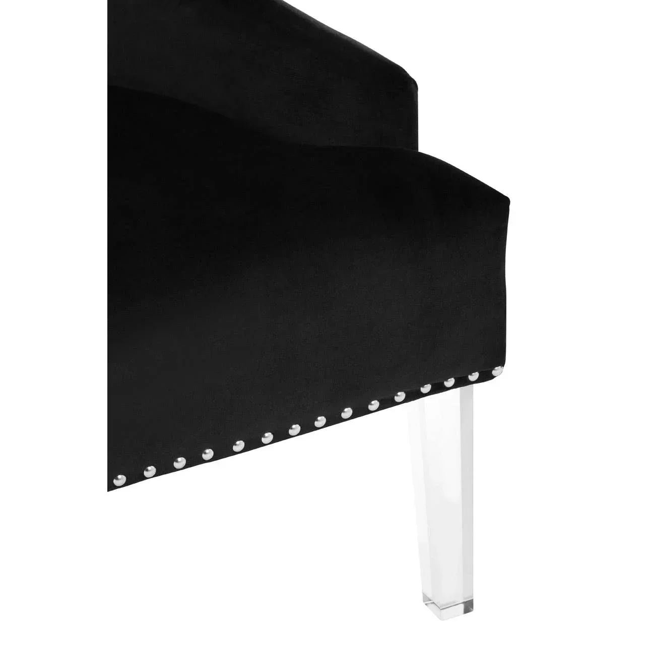 Black velvet dining chair corner with chrome stud trim and clear acrylic leg