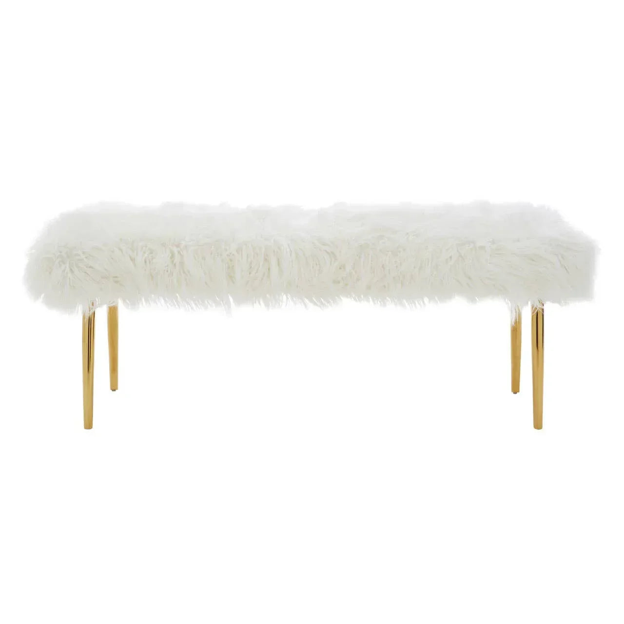 white faux fur bench with gold metal legs, modern accent furniture, front view