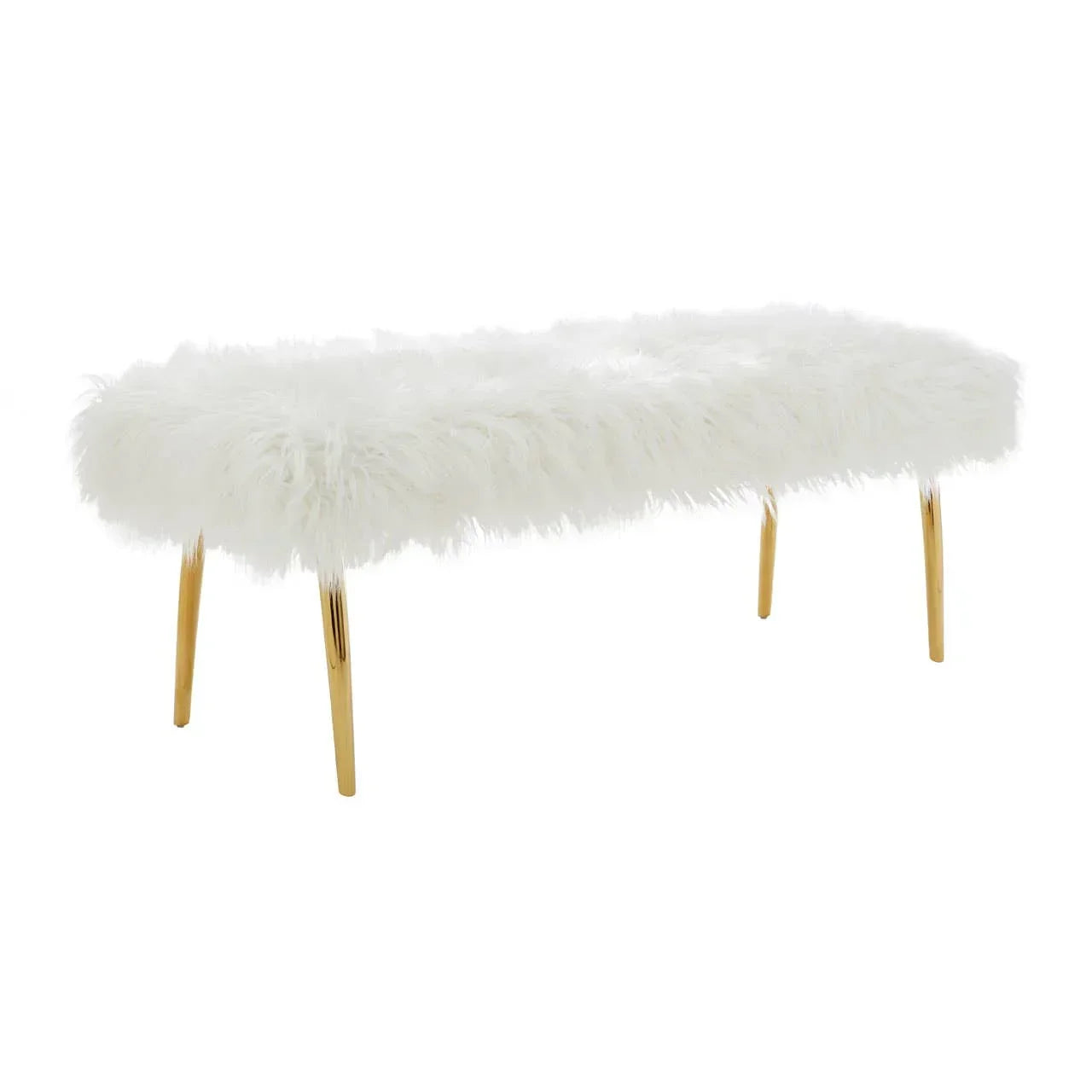White faux fur bedroom bench with gold metal legs, side angle view
