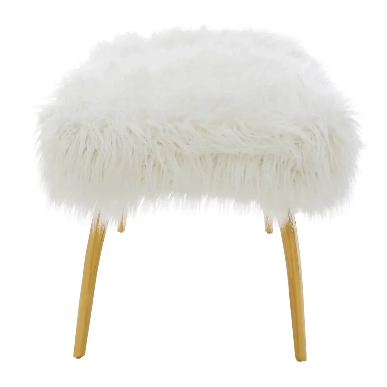 White faux fur stool with gold metal legs, angled front view