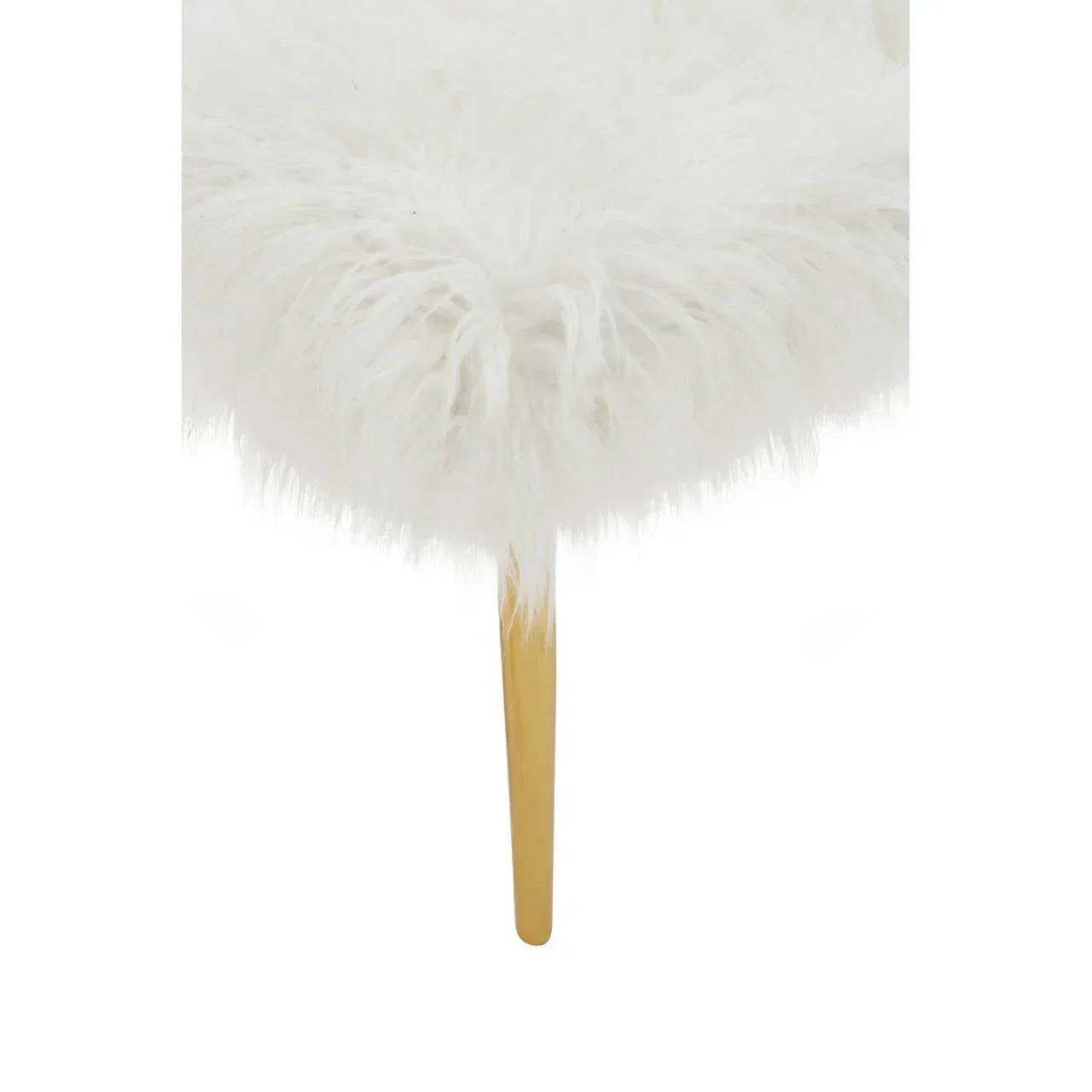 White faux fur stool with wooden leg close-up