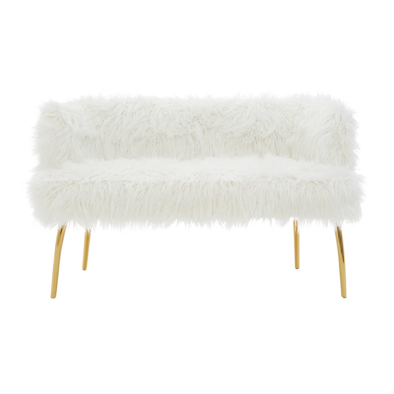 A plush, white fur effect two-seater sofa featuring sleek gold legs, designed for a modern and stylish living space. The sofa has a soft, textured surface and a minimalist silhouette, making it a chic addition to any room