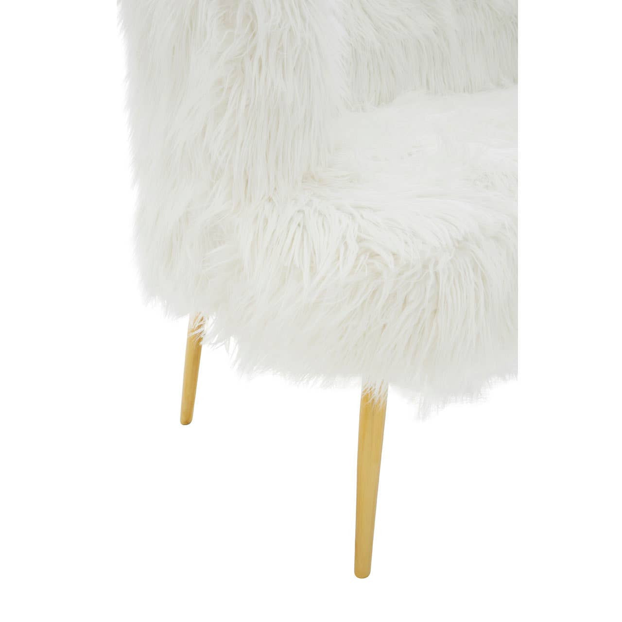 Soft white fur-effect upholstery covers the seat of a two-seater sofa, complemented by sleek gold legs that elevate the design. The texture appears plush and inviting, creating a cozy aesthetic suitable for modern home decor