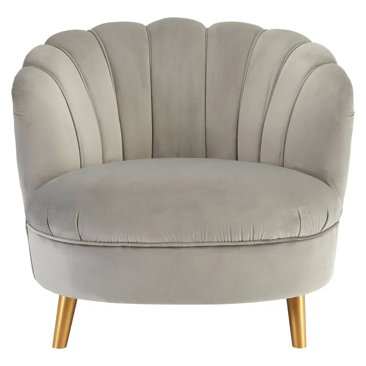 Grey velvet accent chair with scalloped backrest and gold legs, front view
