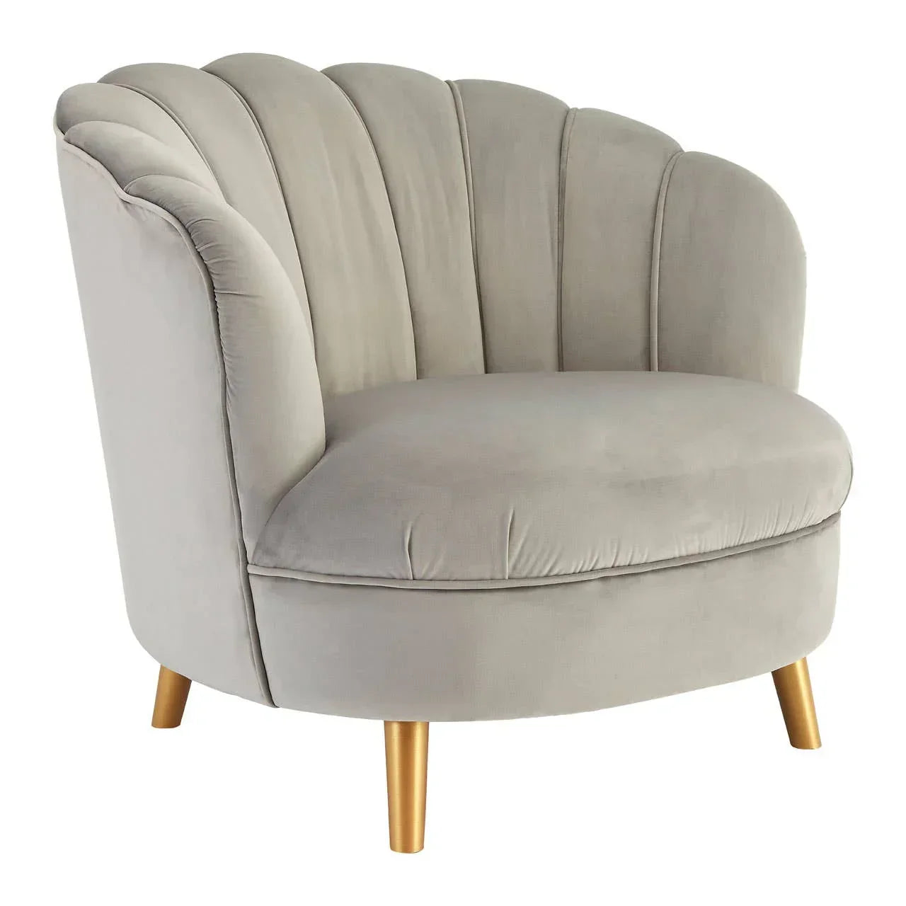 Grey scalloped accent chair with velvet upholstery and angled gold legs