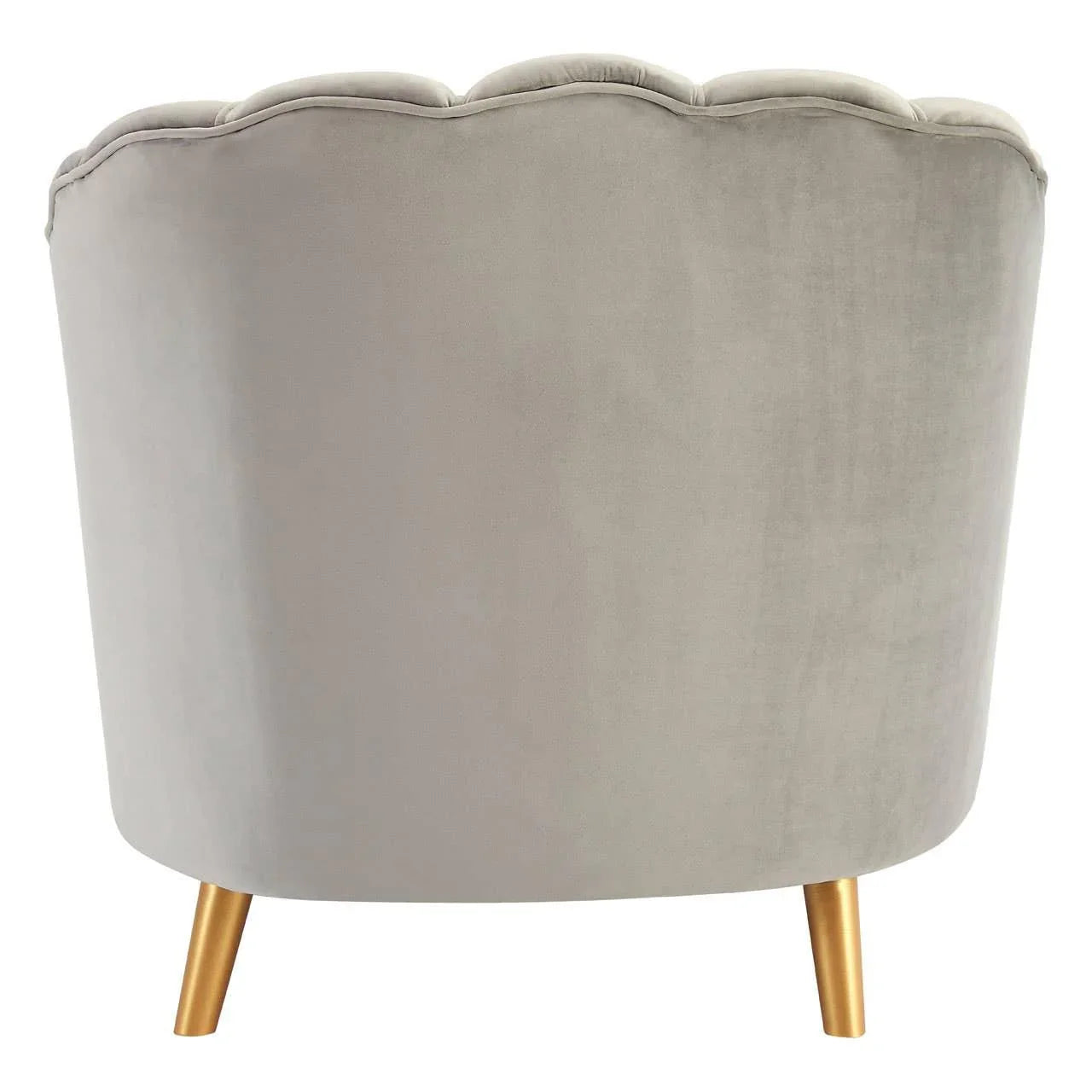 Back view of grey velvet accent chair with scalloped edge and gold legs