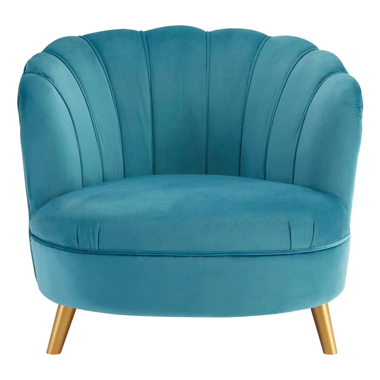 Blue velvet accent chair with scalloped backrest and gold legs front view