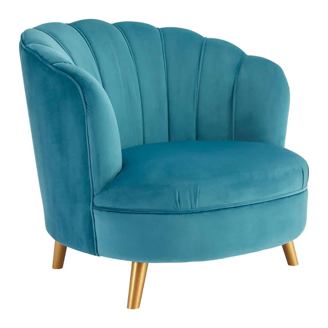 Teal velvet accent armchair with scalloped back and gold metal legs