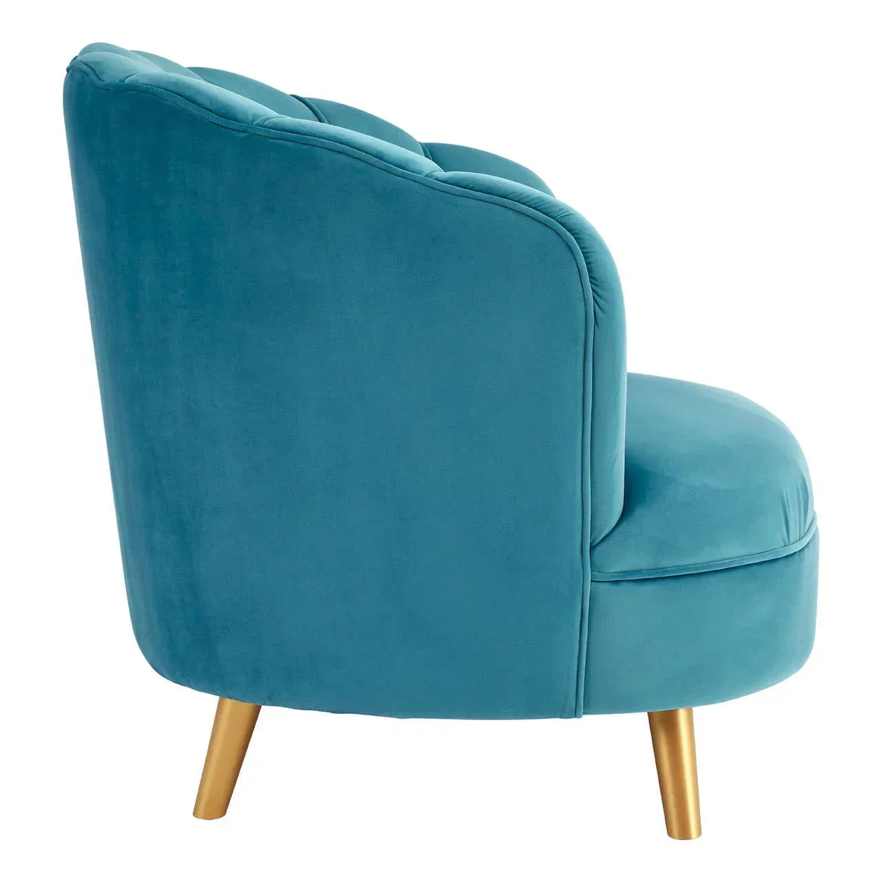 Teal velvet accent chair with curved backrest and gold legs, side view