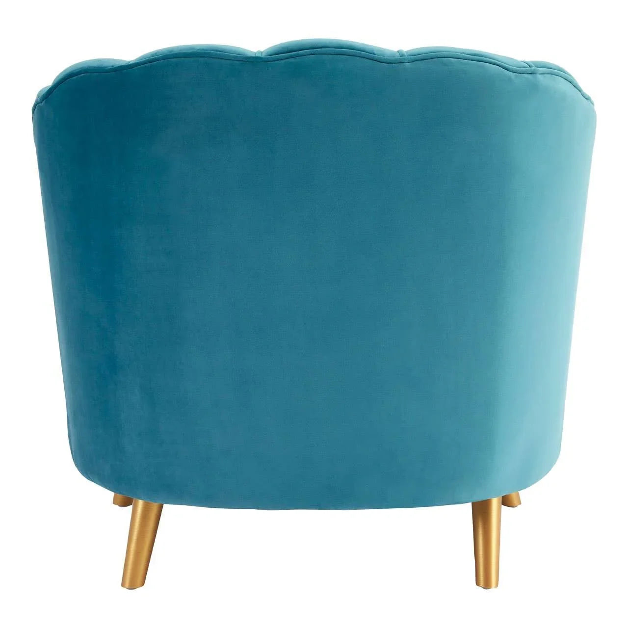 Back view of teal velvet accent chair with gold legs