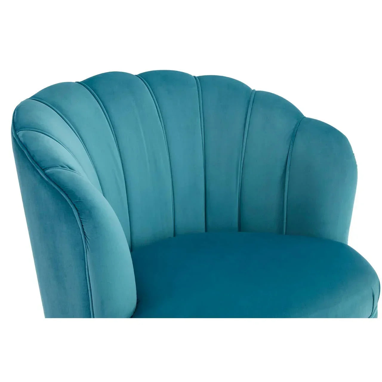 Teal velvet accent chair with shell-shaped backrest and vertical stitching detail